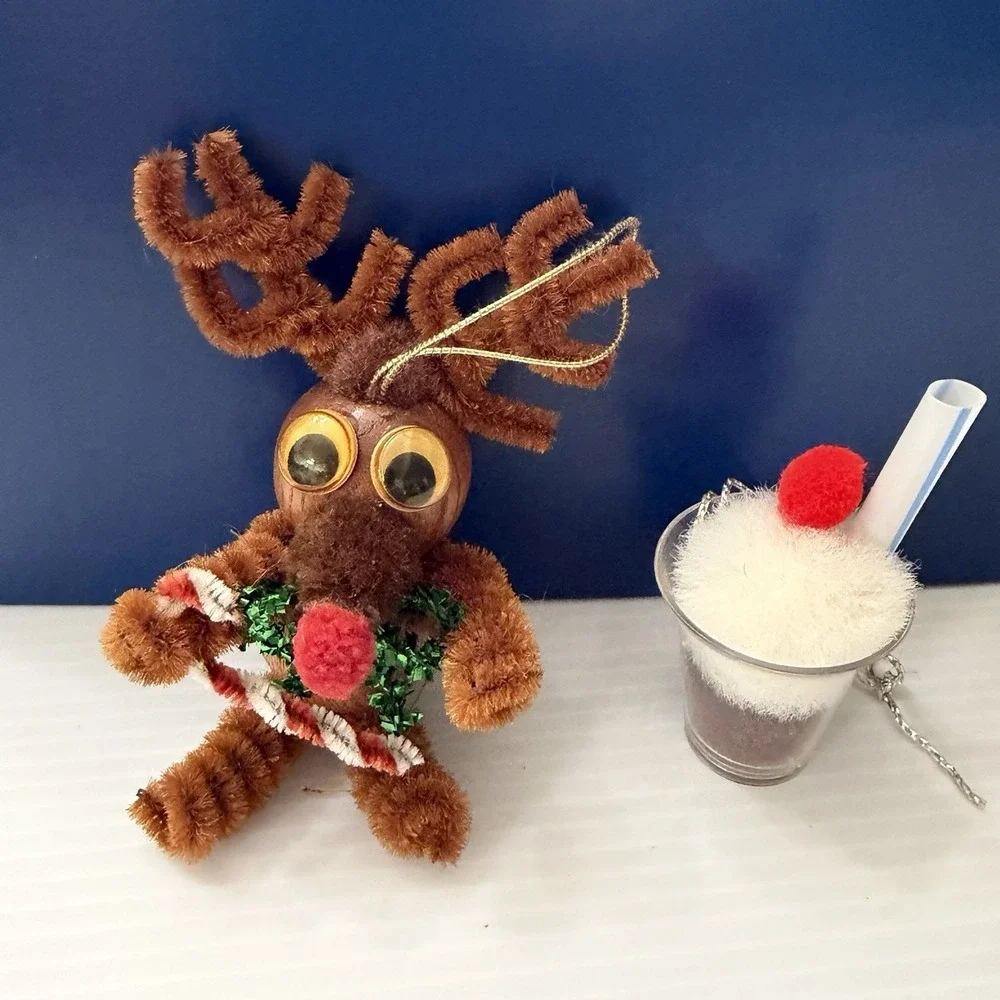 Vintage Handmade Christmas Ornaments Lot Of 2 Reindeer Milkshake Ice Cream Soda
